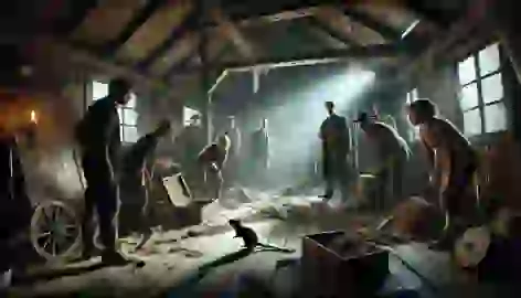 Inside an old shack with broken furniture, people gathered around, one pointing to a rat on the floor in a tense atmosphere.