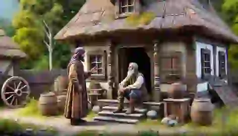 Bahram stands conflicted outside Darian’s humble cottage, listening to the wise old man’s teachings.