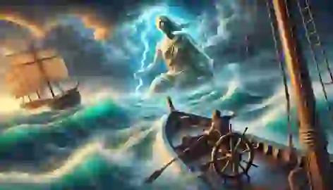 Greek sailor struggles to control his ship during a fierce storm, with Amphitrite appearing on the waves.