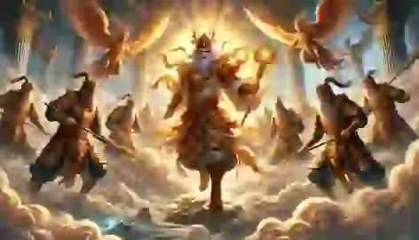 Sun Wukong rebels in the celestial heavens, facing off against heavenly soldiers amidst swirling clouds.