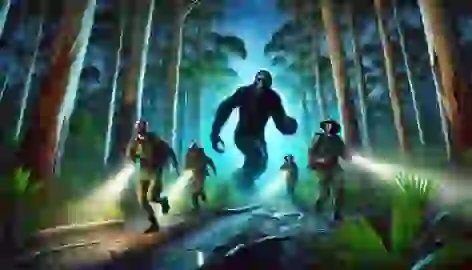 Mark and his team chasing the Yowie at night through the dense forest with flashlights illuminating the path.