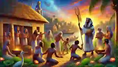 Ammon returns to his village as a hero, celebrated by villagers with Sobek’s presence watching from the Nile.