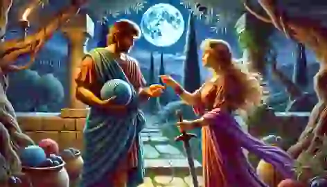 Theseus and Ariadne in a moonlit palace garden as she hands him a sword and thread for his descent into the Labyrinth.