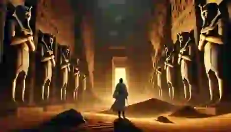 Amenu standing at the entrance of an ancient tomb in the Valley of Kings, with towering pharaoh statues.