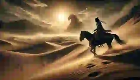 King Gesar rides through the harsh Gobi Desert on his mighty horse Khyar Sogd, watched by the spirit of the sand.