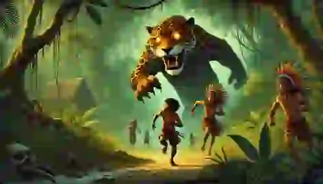 Tainá and villagers flee through the Amazon as the guardian jaguar chases them, led by the Curupira through hidden paths.