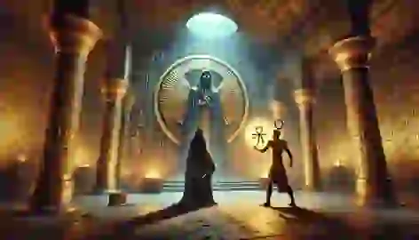 Ammon confronts a shadowy sorcerer in an ancient tomb, holding a glowing ankh relic to seal Apophis.