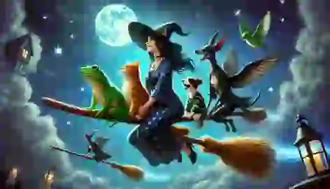 The witch and her animal friends fly on a glowing broomstick through a starry night sky.