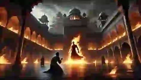 Malik pleads before the fiery Ifrit in a courtyard, with his house burning in the background under a sky darkened by ash.