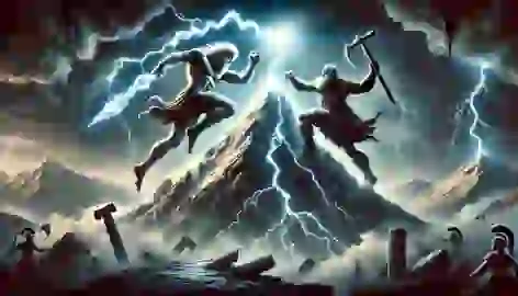 Zeus and Cronus in their final battle atop Mount Othrys, with Zeus raising his thunderbolt and Cronus lunging forward