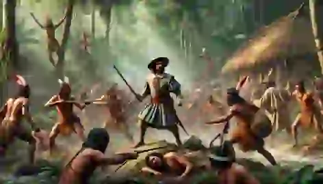 Ponce de León’s camp is attacked by indigenous warriors, with swords and arrows clashing in the dense jungle.