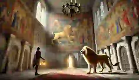 Inside Grafen Castle’s grand hall, Clara and a golden-maned lion uncover a hidden doorway behind a faded tapestry.