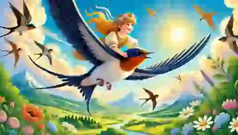 Thumbelina rides on a swallow