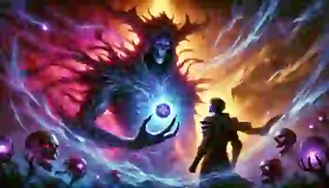 Yves faces a dark figure in the Korrigan realm, holding the glowing stone with the Korrigan queen nearby.