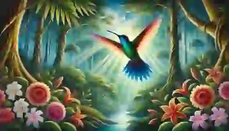 A hummingbird with iridescent feathers hovering among vibrant flowers in a serene rainforest with sunlight filtering through.