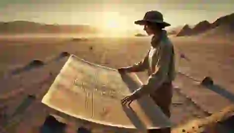 Maria Reiche, the archaeologist, studies a large map of the Nazca Lines in the Peruvian desert at sunset.