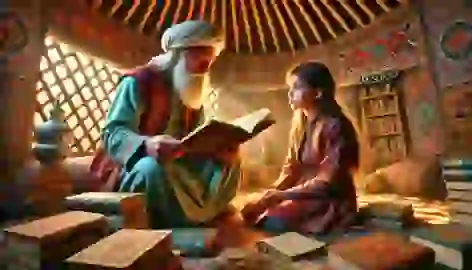 Teen Argezgul listens to scholar Malik in a cozy yurt, surrounded by books and traditional patterns on the walls.