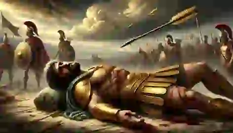 Achilles lies fallen on the battlefield, his golden armor stained with dust and blood, as chaos unfolds around him.