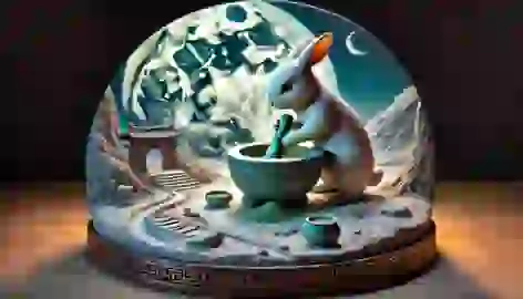 The Jade Rabbit grinds herbs with its mortar and pestle on the moon