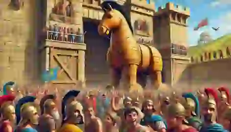 The Trojans pull the wooden horse into the city amid celebrations, oblivious to the danger it holds within.