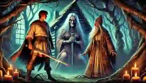 Prince Ivan and Vasilisa confront Baba Yaga in her dark lair.