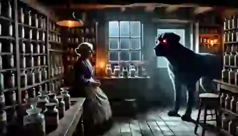 Martha looking in terror from her apothecary window as the Black Dog watches from the shadows.