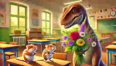 Penelope offers a bouquet of flowers to apologize to her classmates in a warm classroom setting.