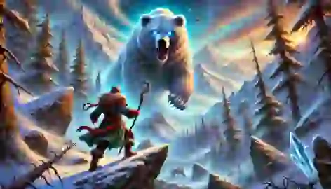 Baytil climbing the Altai mountains, facing an ethereal bear on a snowy path amidst rugged peaks.