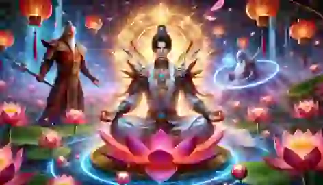 Nezha meditates surrounded by glowing lotus petals, reborn as a deity, with Taiyi Zhenren in the background.