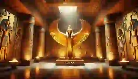 A golden image of the Bennu bird stands guard over the burial chamber in Tutankhamun