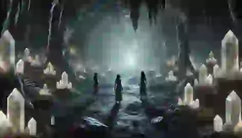 The three sisters explore the vast Caves of Echo, with crystal reflections and shadows hinting at their fears and determination.