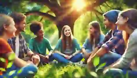 Girl and friends sit together under a tree, sharing laughter and support.