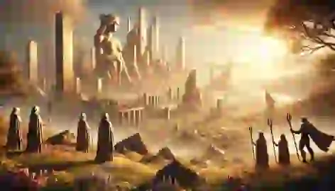  Statues of the Valkyries stand tall in the ruins of Asgard, bathed in golden light, symbolizing peace and rebirth.