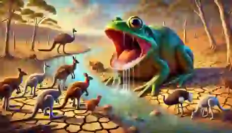 Tiddalick, the giant frog, holds water by a dry riverbed, with animals gathering in desperation during a drought.