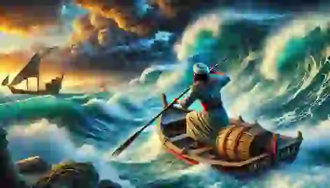 Text: Khem struggles to navigate his boat through a violent storm on the Nile River, battling against the powerful waves.