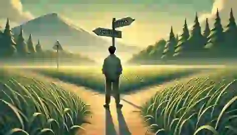 A man stands at a crossroads, unsure which path to take, with roads leading to a mountain and a green forest.