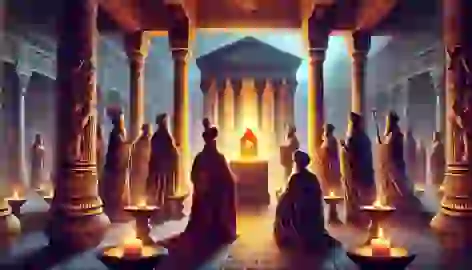 A glowing stone inside a Persian temple, with figures in Zoroastrian robes venerating the sacred object.