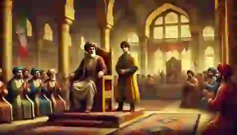 King Shahrokh announces Arash as his trusted advisor in the grand Persian palace.