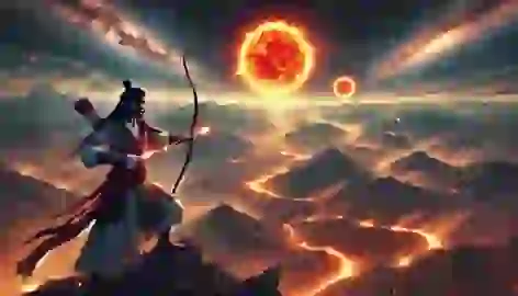 Hou Yi stands atop Kunlun Mountain, preparing to shoot the first sun as the earth burns below.