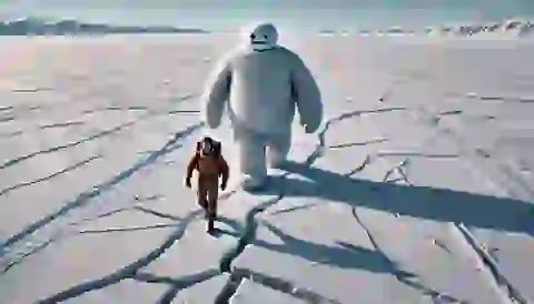 Awan and the Snow Man crossing a frozen lake with cracks forming beneath their feet.