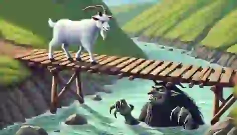 Middling Billy Goat Gruff stands firmly on the bridge, facing the menacing troll who has fully emerged.