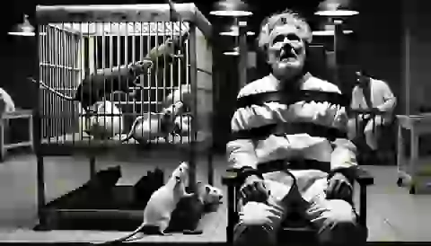 Winston strapped to a chair, facing a cage of hungry rats, with a terrified expression as he tries to pull away.