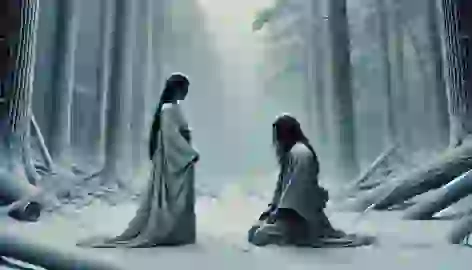 Sato kneels before Yuki-onna in the middle of a fierce blizzard in the mountains of Japan.