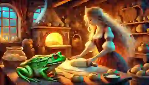 The frog princess reveals her true form, Vasilisa the Wise, while baking bread.