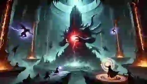 Climactic battle in the Abyssal Cradle with Aeris striking the obelisk and allies battling a towering demon.