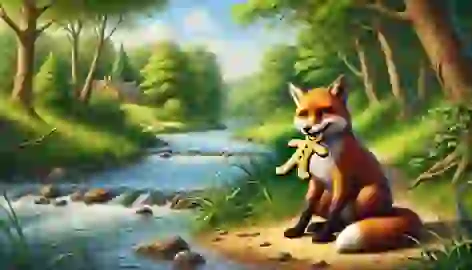 The sly fox sitting by the riverbank, having just snapped up the gingerbread man with a clever expression.