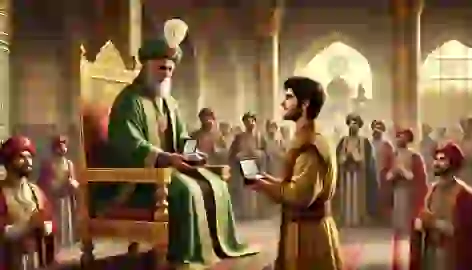 Arash returns to the Persian palace, handing the silver box to King Shahrokh.