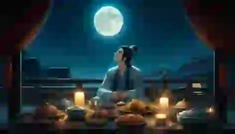 Hou Yi gazes at the full moon from his home, with offerings of Chang