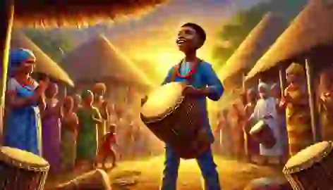 Olumide proudly holding the glowing Talking Drum in his village as the villagers celebrate around him.