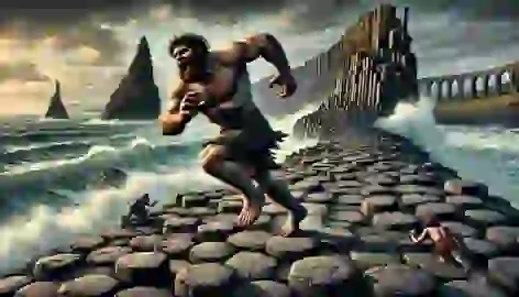 Benandonner running across the Giant’s Causeway toward Scotland, tearing up the stones in panic as he flees from Finn MacCool.